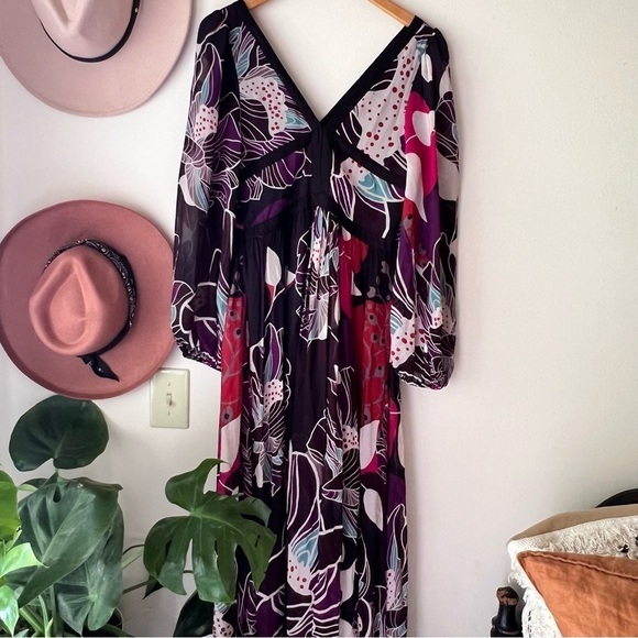 Anthropologie Let Me Be Floral Midi Dress Bold Print Purple Black SIZE MEDIUM - Picture 6 of 14